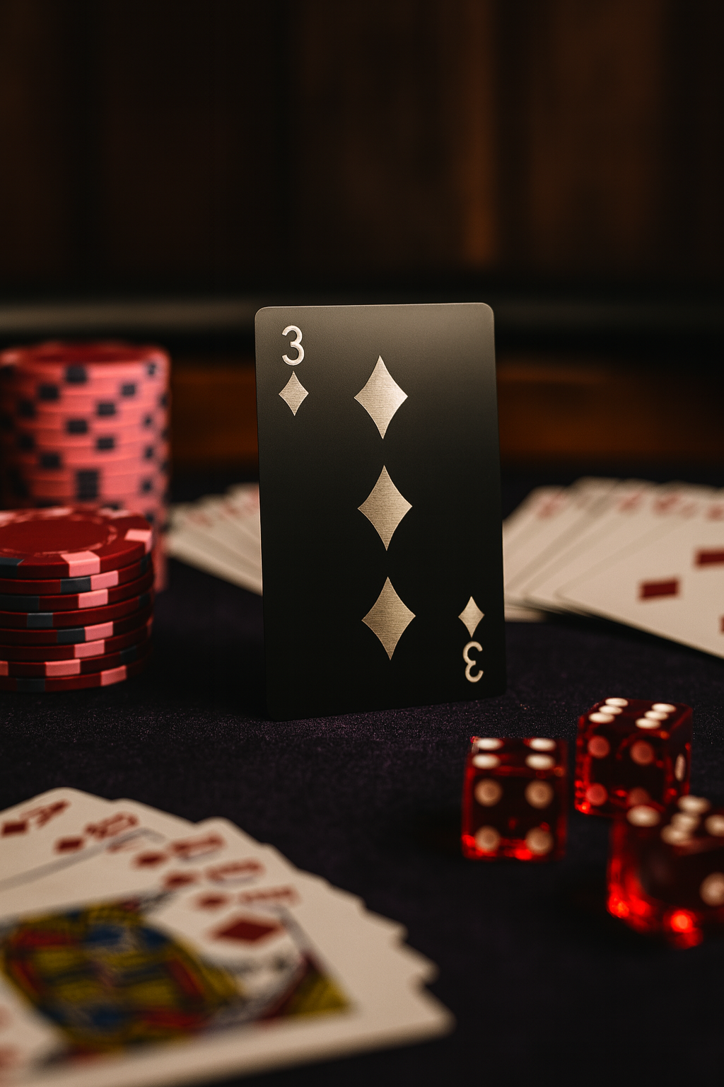 Playing cards and poker chips on a table, with a three of diamonds card in focus.