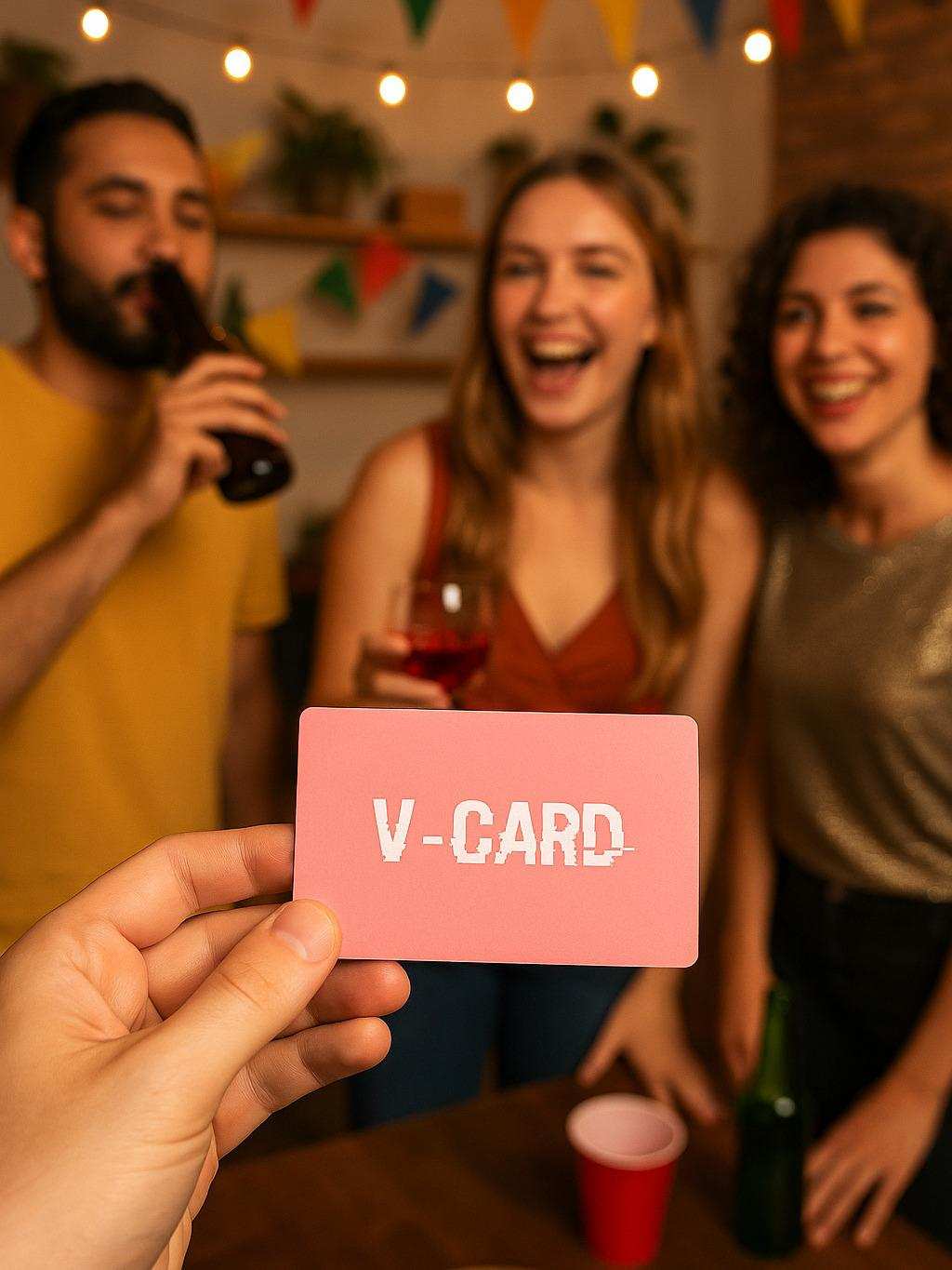 People celebrating with drinks in a festive setting, holding a pink 'V-CARD' card.