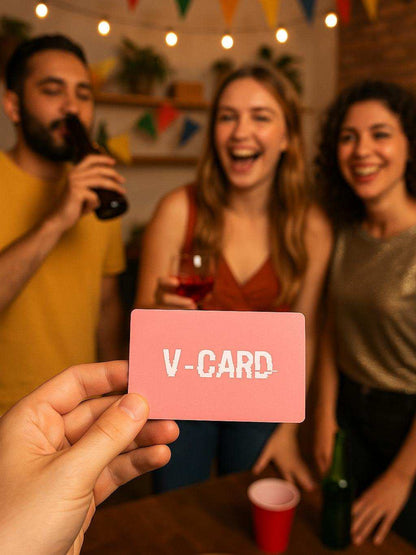 People celebrating with drinks in a festive setting, holding a pink 'V-CARD' card.