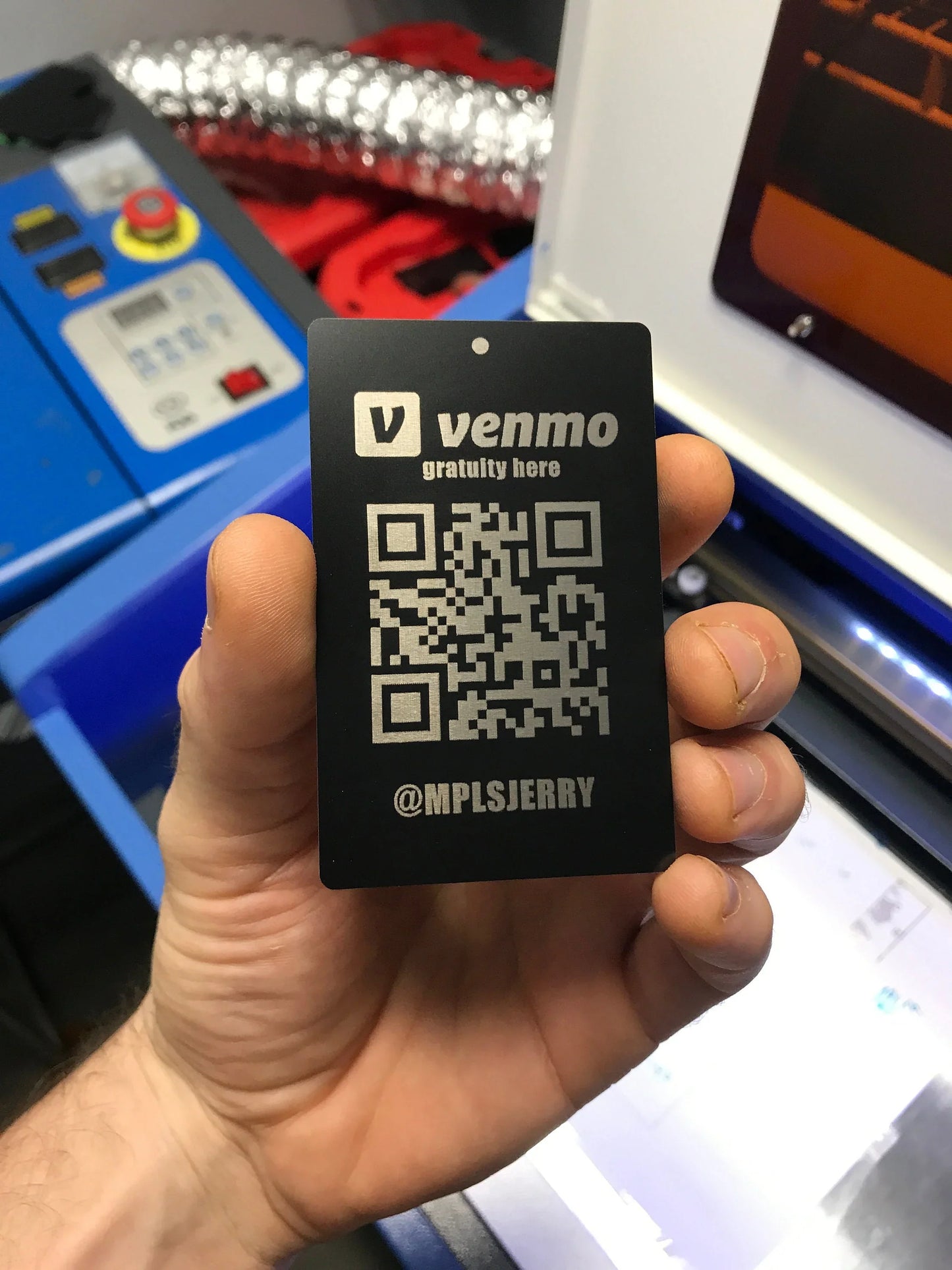 Laser engraved metal digital payment card with scannable venmo QR code and user name