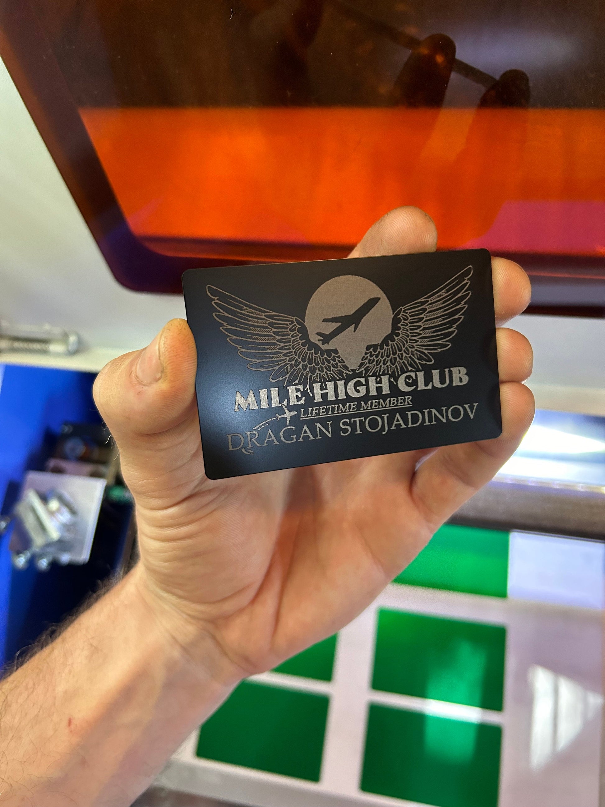 metal mile high club gag gift card laser engraved in black/silver