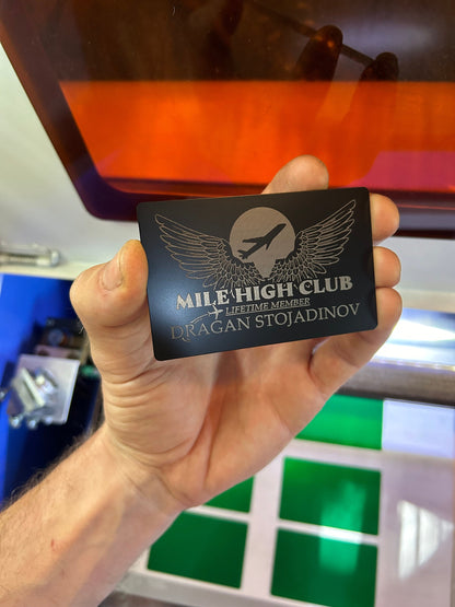 metal mile high club gag gift card laser engraved in black/silver