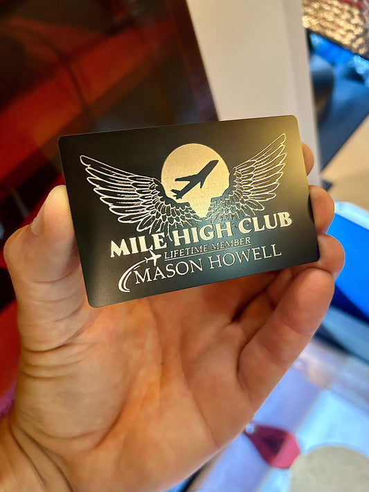 Laser engraved Mile High Club "Lifetime Membership" gag gift card with personalized name engraving in black/silver anodized aluminum