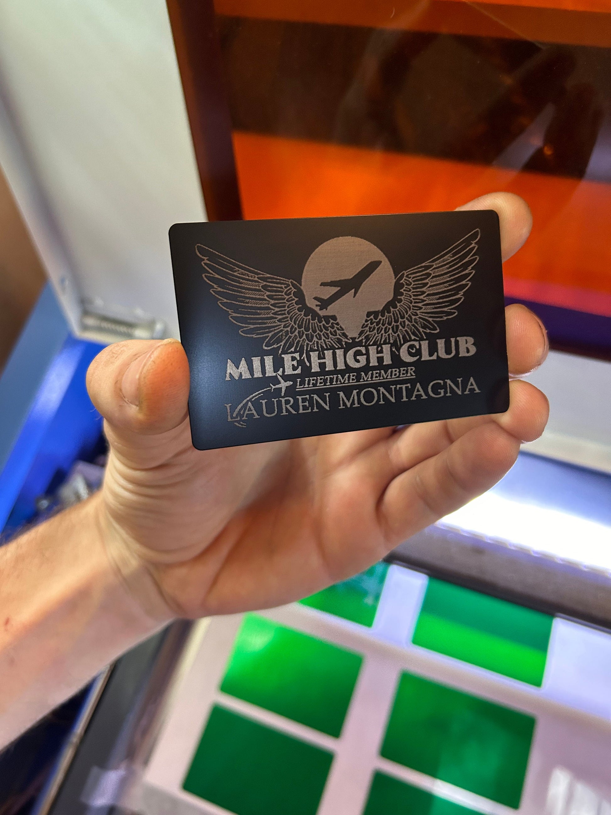 laser engraved metal keepsake card with Mile High Club design and custom name