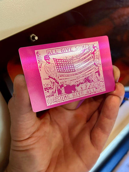 Laser engraved metal veteran gift with american flag in purple/silver anodized aluminum