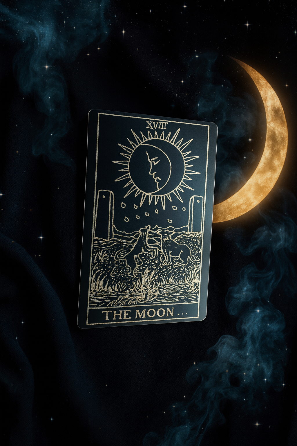 Tarot card, laser engraved in anodized aluminum titled 'The Moon' with a crescent moon