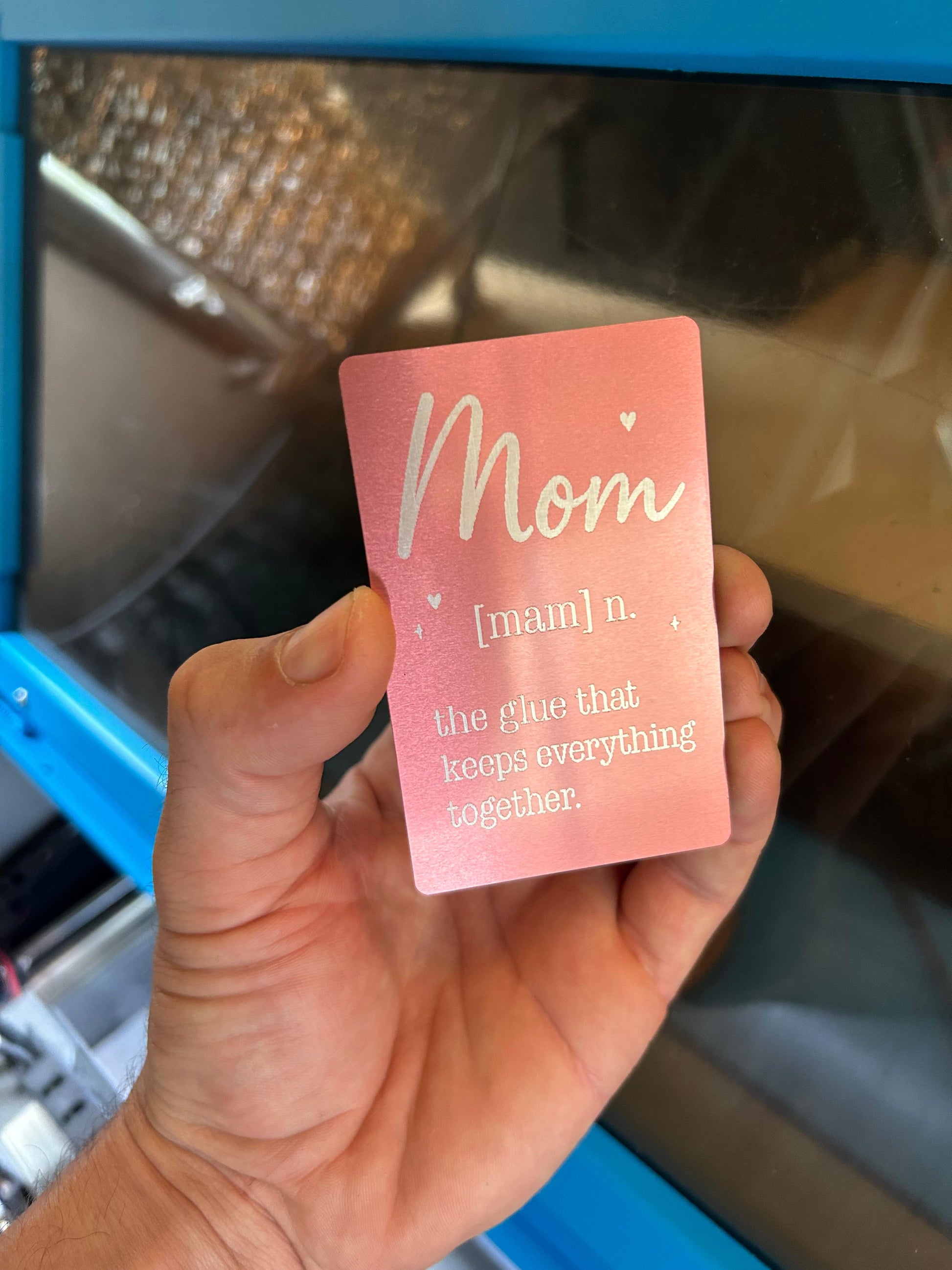 Laser engraved metal Mom definition card