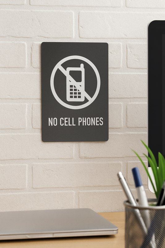 No cell phones sign on a wall next to a desk with a laptop and office supplies.