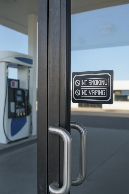 Door with metal 'No Smoking No Vaping' sign at a gas station.