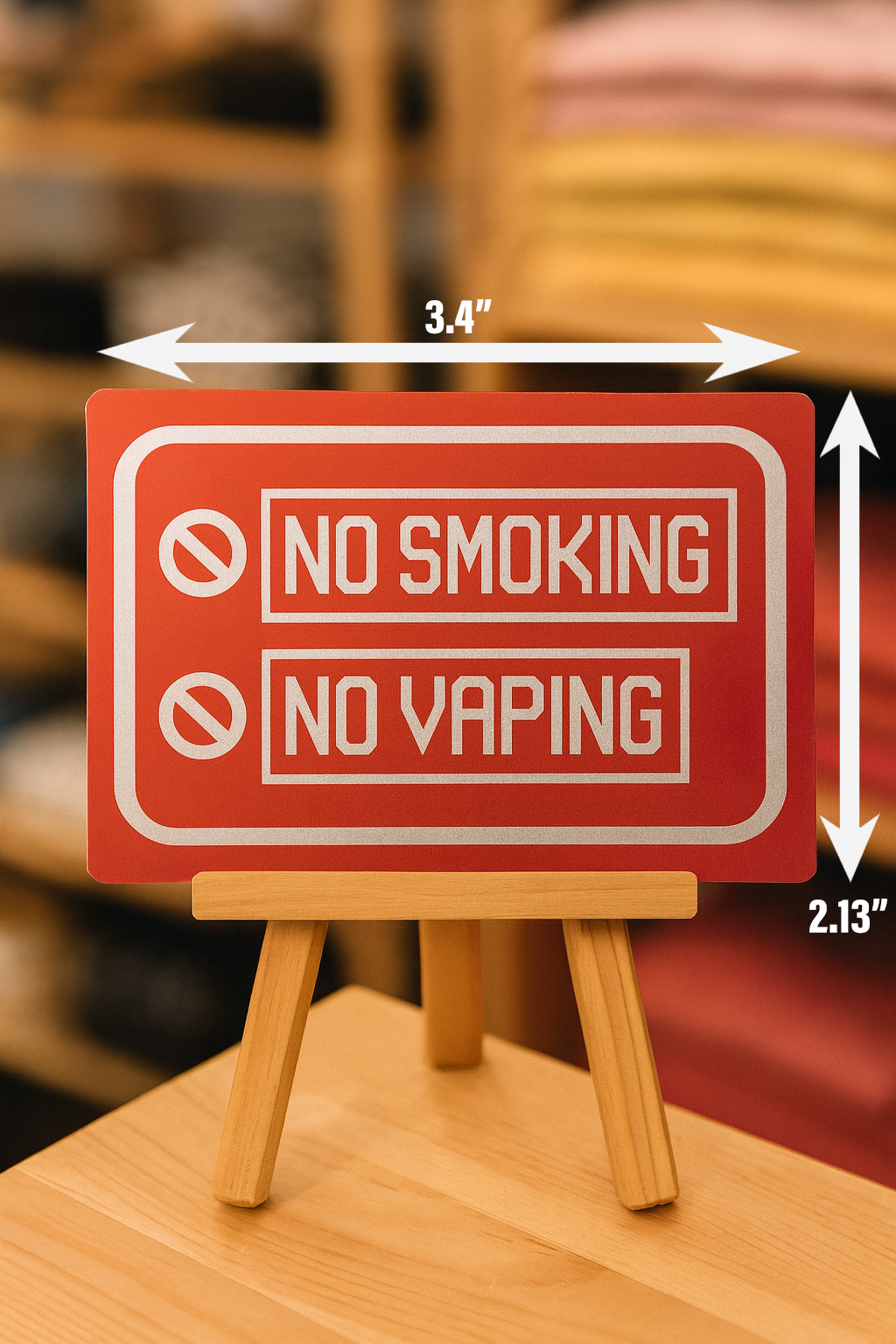 Red 'No Smoking, No Vaping' sign on a wooden stand with measurements indicated.