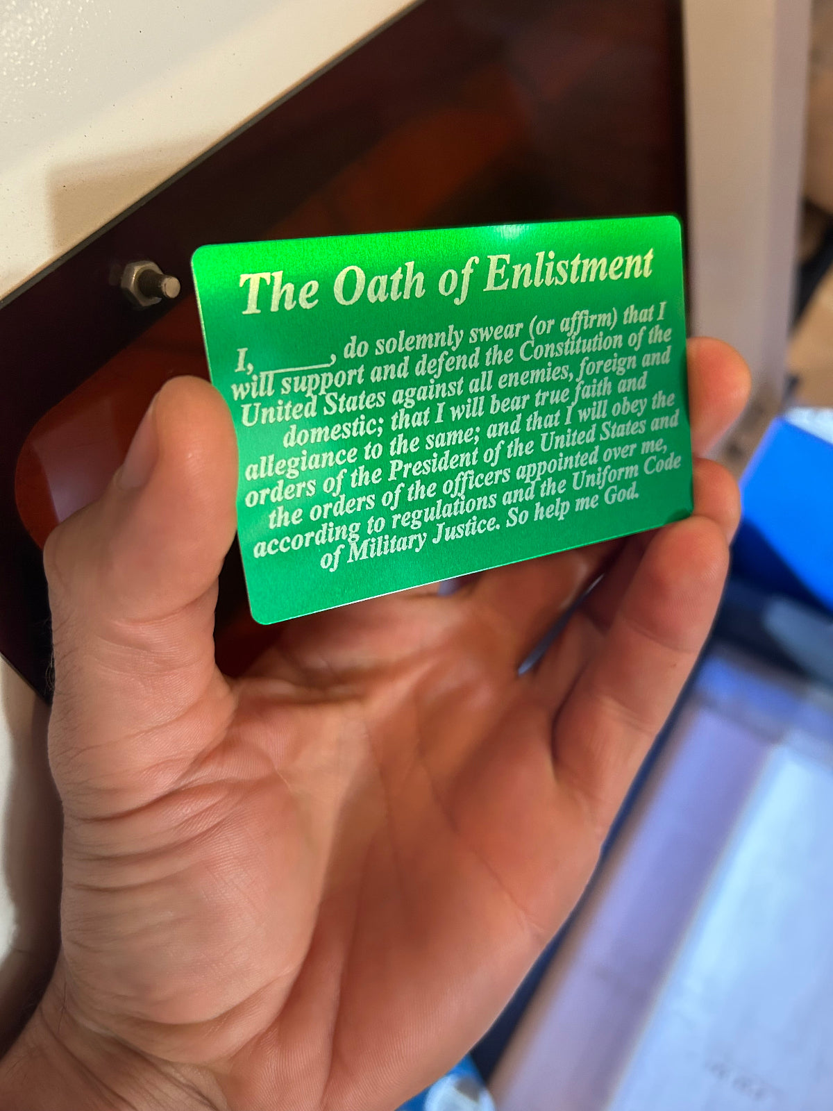 Metal keepsake card with patriotic oath of enlistment engraving