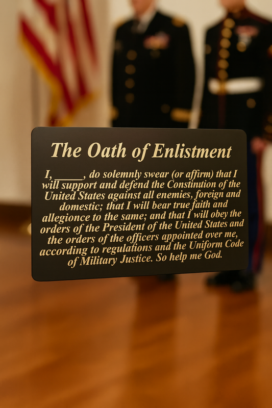 Personalized metal Oath of Enlistment plaque with military personnel in the background