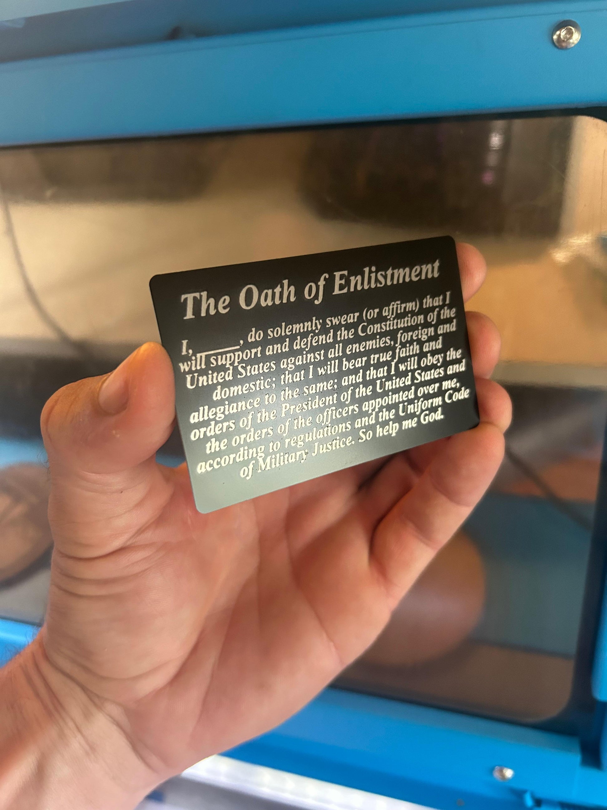 Metal Oath of Enlistment service member placard with laser engraved text in black/silver anodized aluminum
