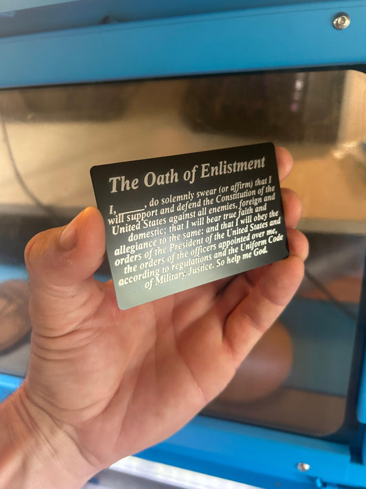 Metal Oath of Enlistment service member placard with laser engraved text in black/silver anodized aluminum