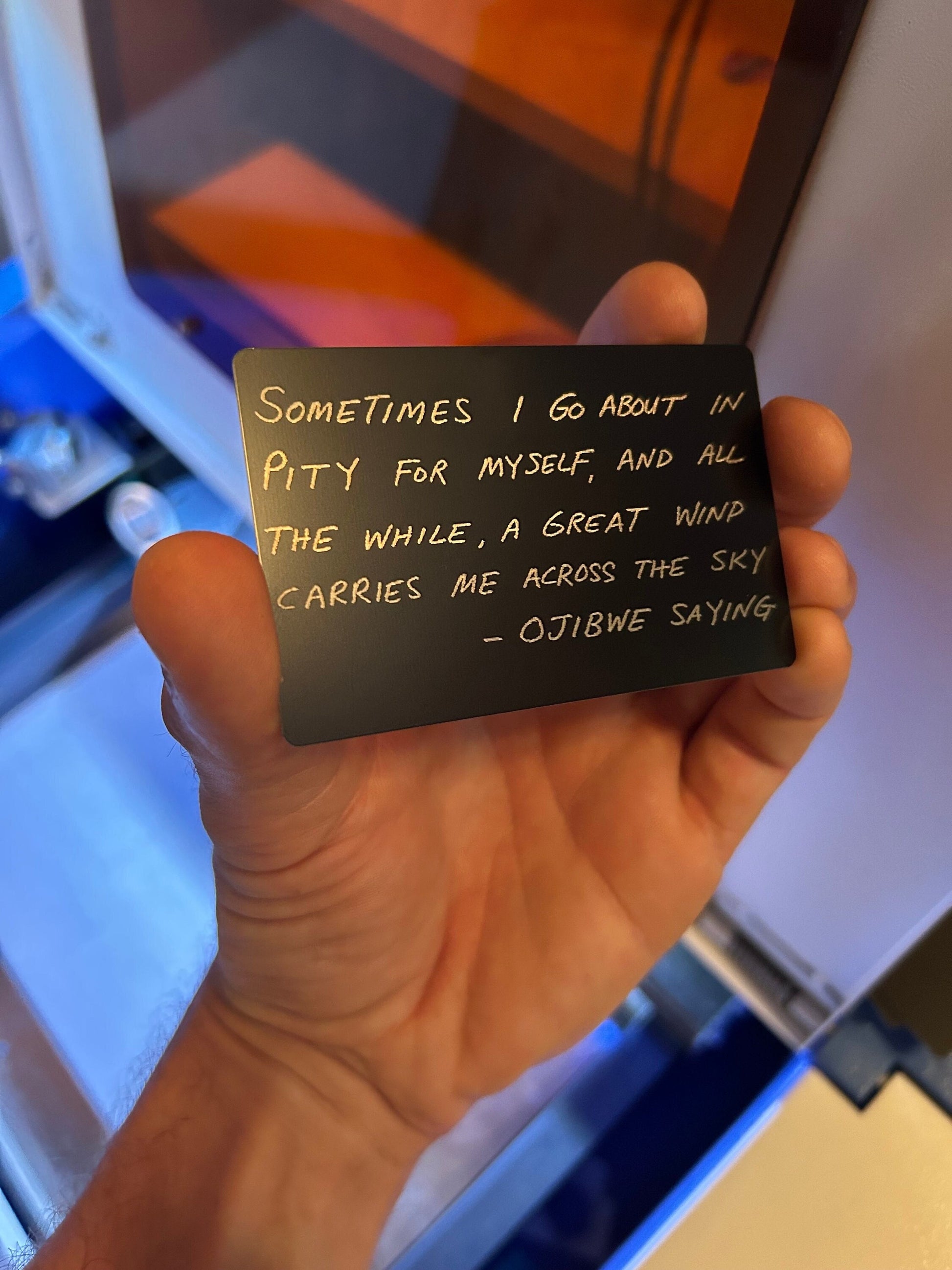 Laser engraved metal novelty keepsake card with Ojibwe Saying text