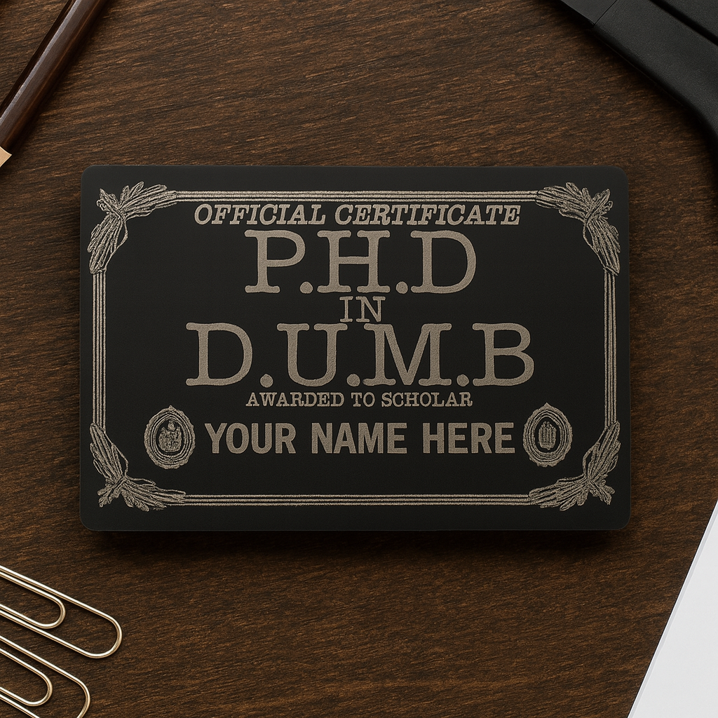 Humorous metal black/silver 'P.H.D. in D.U.M.B.' certificate on a wooden surface with paper clips.