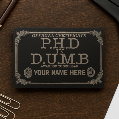 Humorous metal black/silver 'P.H.D. in D.U.M.B.' certificate on a wooden surface with paper clips.