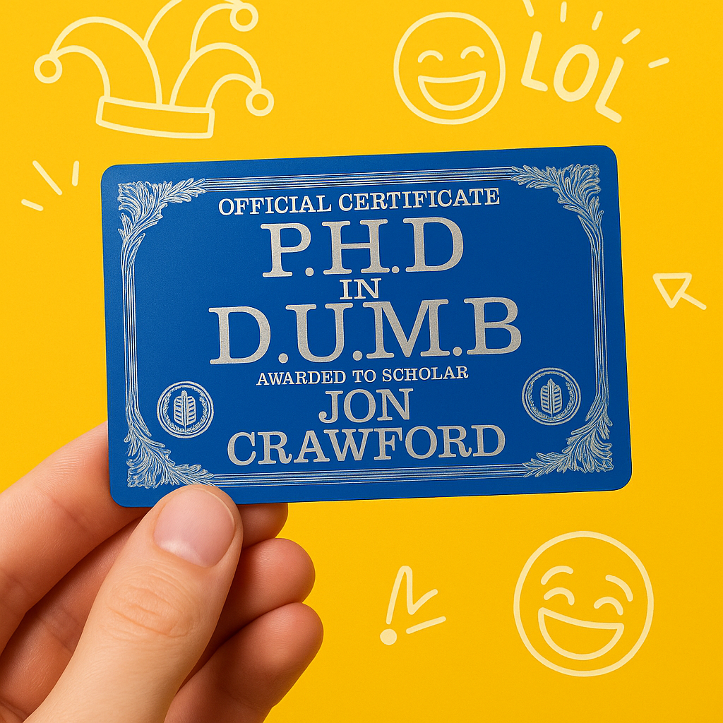 Blue metal laser engraved D.U.M.B certificate with custom name text held by a hand on a yellow background with smiley faces and a jester hat.