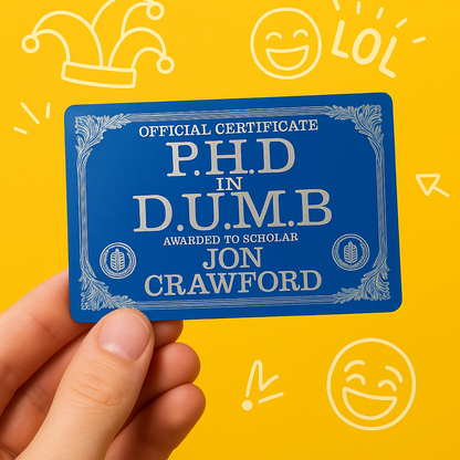 Blue metal laser engraved D.U.M.B certificate with custom name text held by a hand on a yellow background with smiley faces and a jester hat.