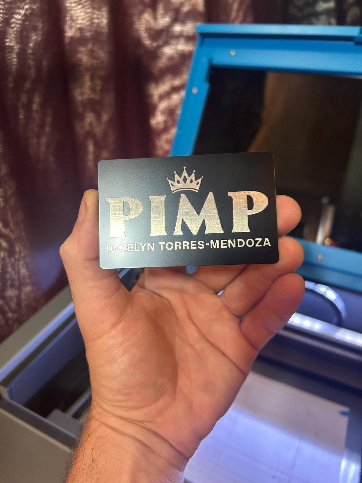 Metal gag gift card with 'PIMP' and customized name