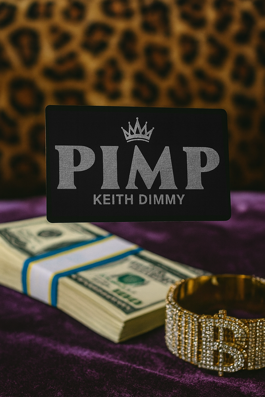 Stack of money, gold bracelet, and 'PIMP' card with customized name engraving and leopard print background
