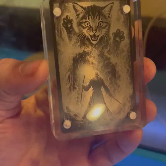 Showcasing a metal fantasy RPG graphic card with giant kitten monster enemy illustration, cute funny gifts for pet lovers