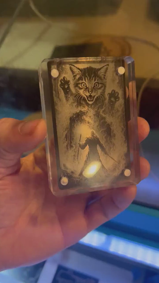 Showcasing a metal fantasy RPG graphic card with giant kitten monster enemy illustration, cute funny gifts for pet lovers