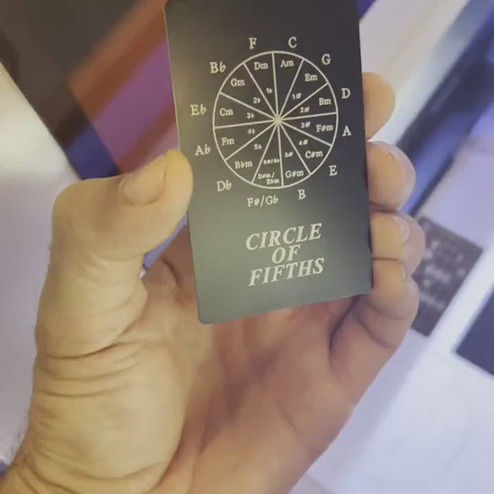 Laser engraved metal keepsake card with Circle of Fifths diagrams for musician reference in black/silver anodized aluminum