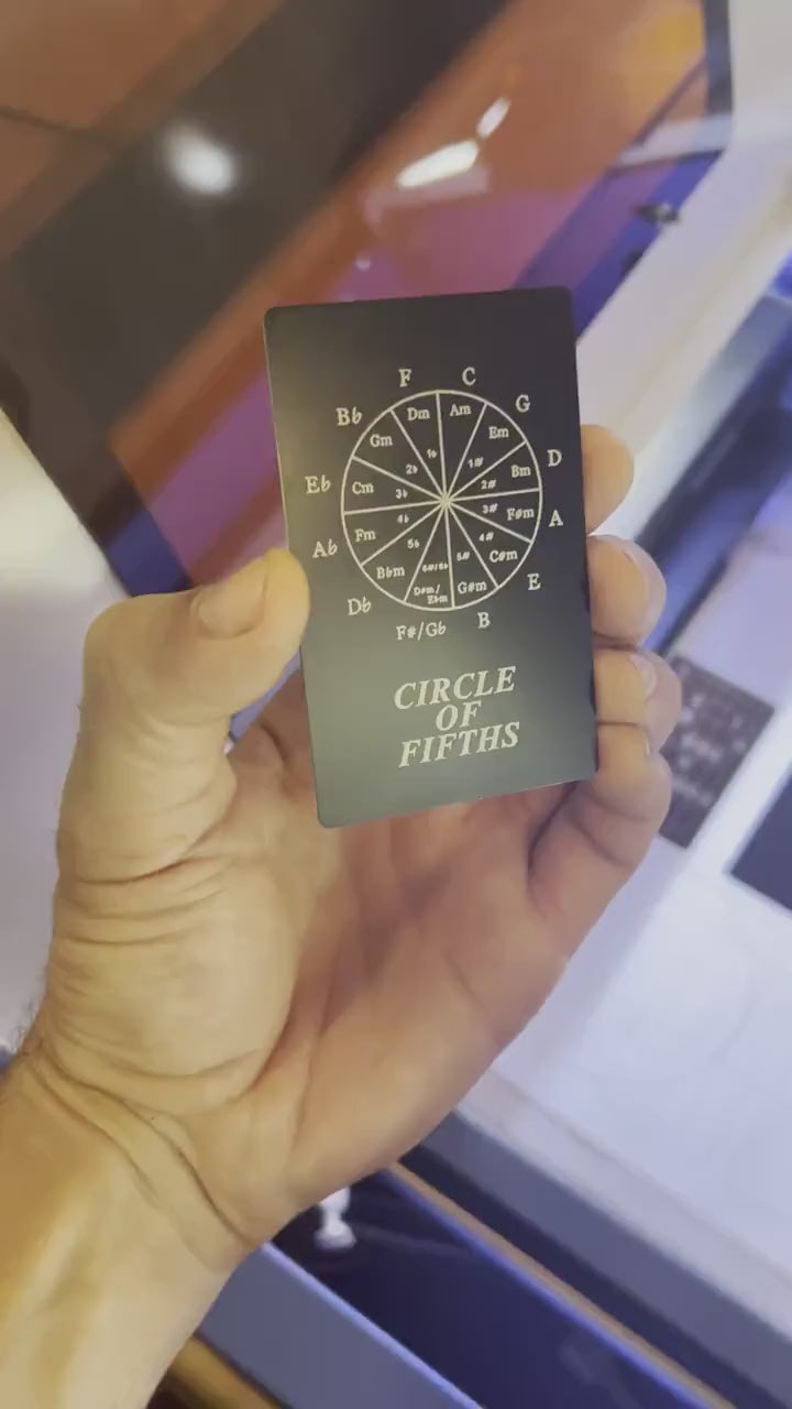 Laser engraved metal keepsake card with Circle of Fifths diagrams for musician reference in black/silver anodized aluminum