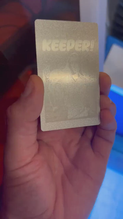 Silver on silver laser engraved metal business card, with customized text and image logo