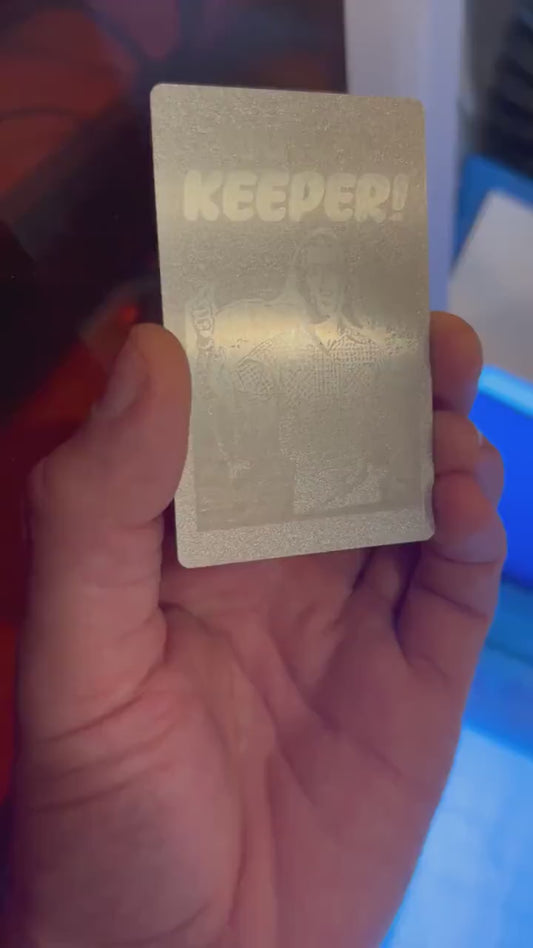 Silver on silver laser engraved metal business card, with customized text and image logo