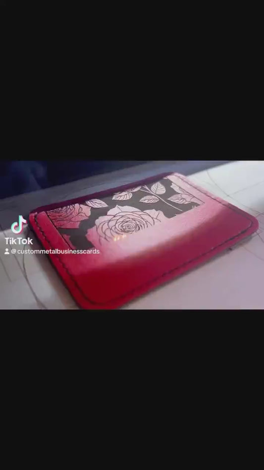 Video of laser engraving process and multiple color options and engraving designs of leather patches