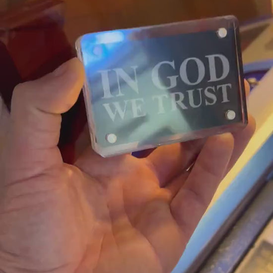 Laser engraved keepsake card, with In God We Trust patriotic religious text