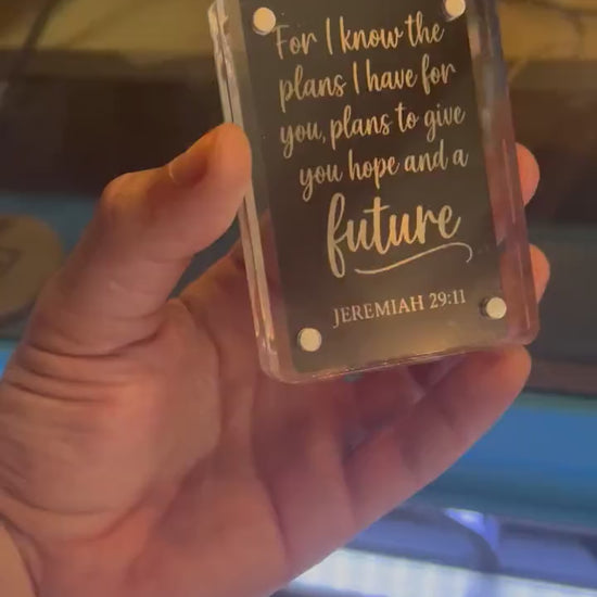 Laser engraved metal keepsake card, displayed in optional acrylic display case with bible verse and typography quote