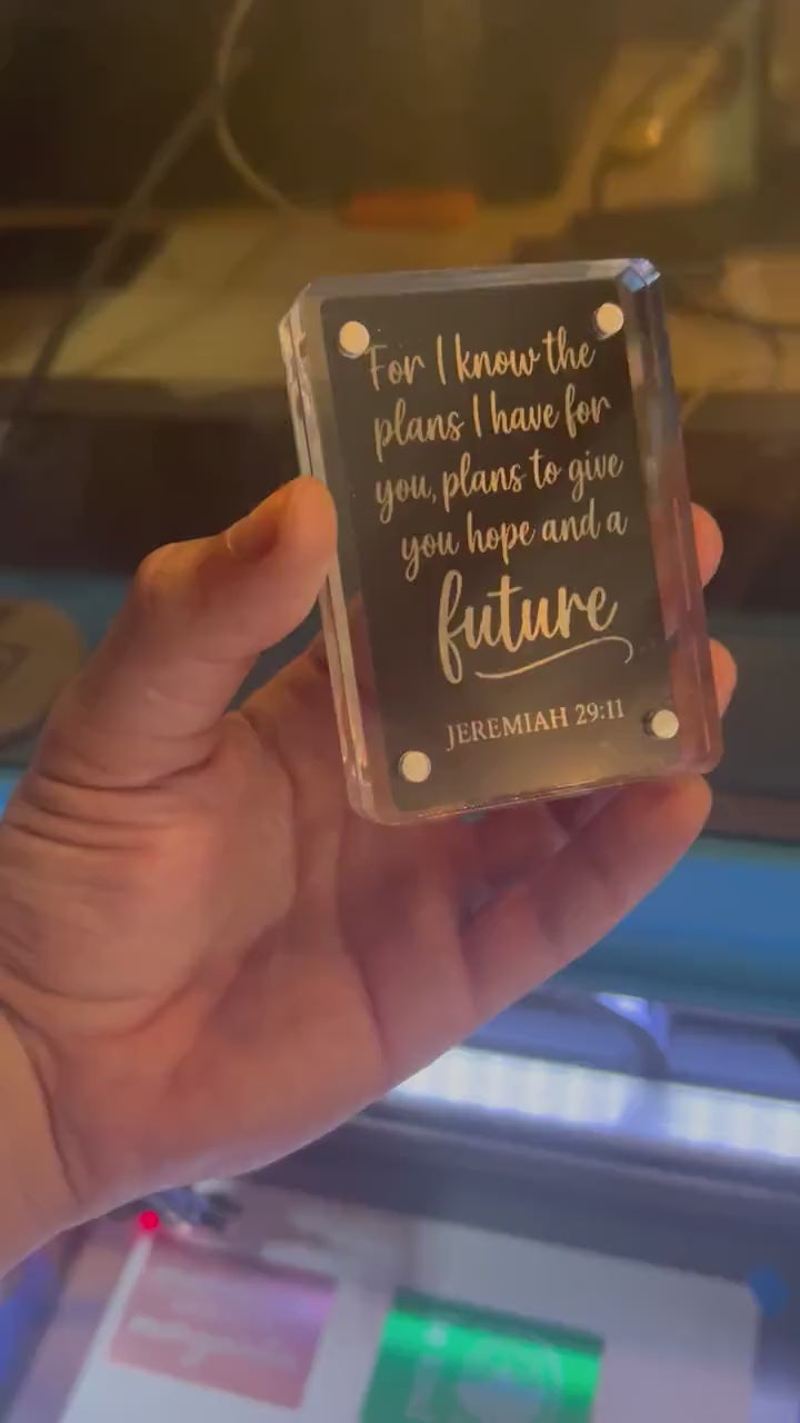 Laser engraved metal keepsake card, displayed in optional acrylic display case with bible verse and typography quote