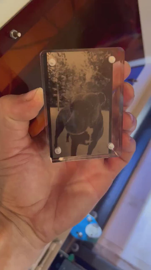 Hand holding laser engraved metal keepsake pet portrait card shown in optional acrylic display case