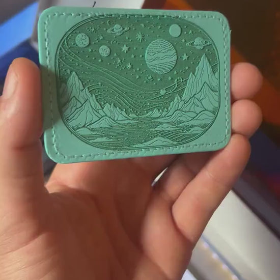 Teal leather patch with celestial star map alien planet galaxy design