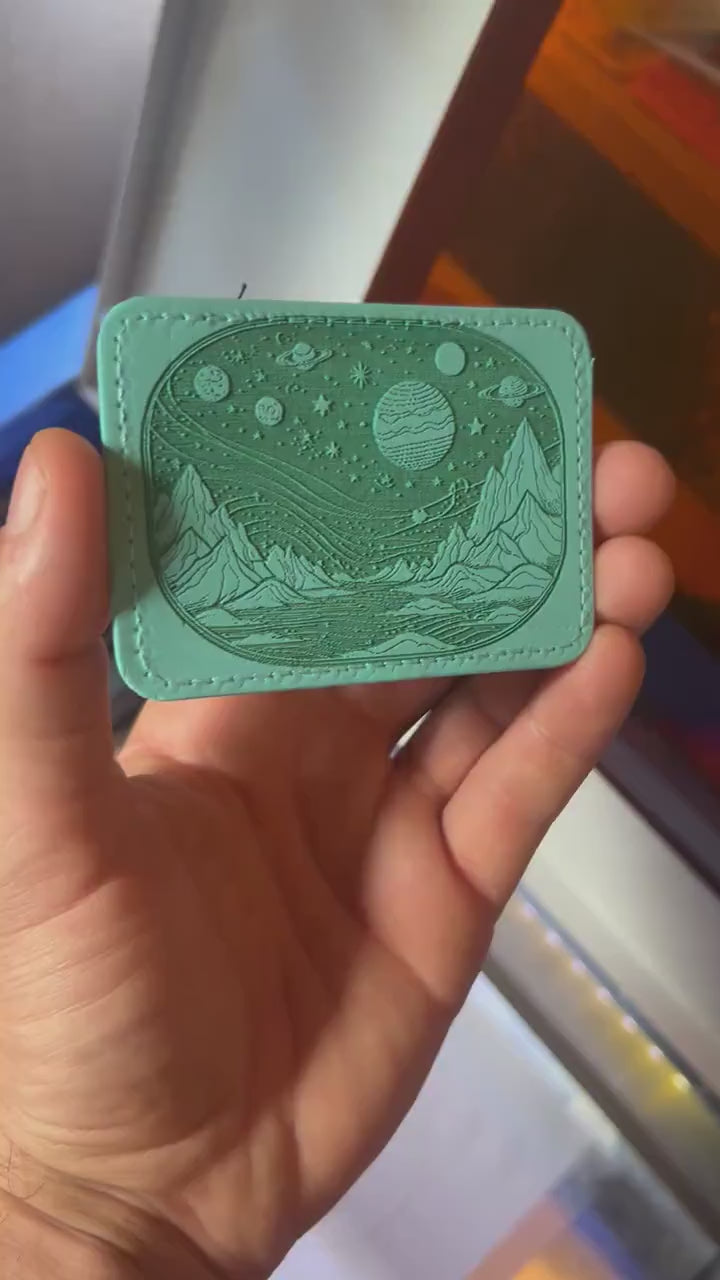 Teal leather patch with celestial star map alien planet galaxy design