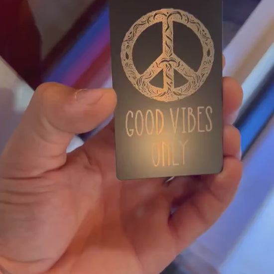 Metal keepsake good vibes only with patterned hippie peace sign artwork