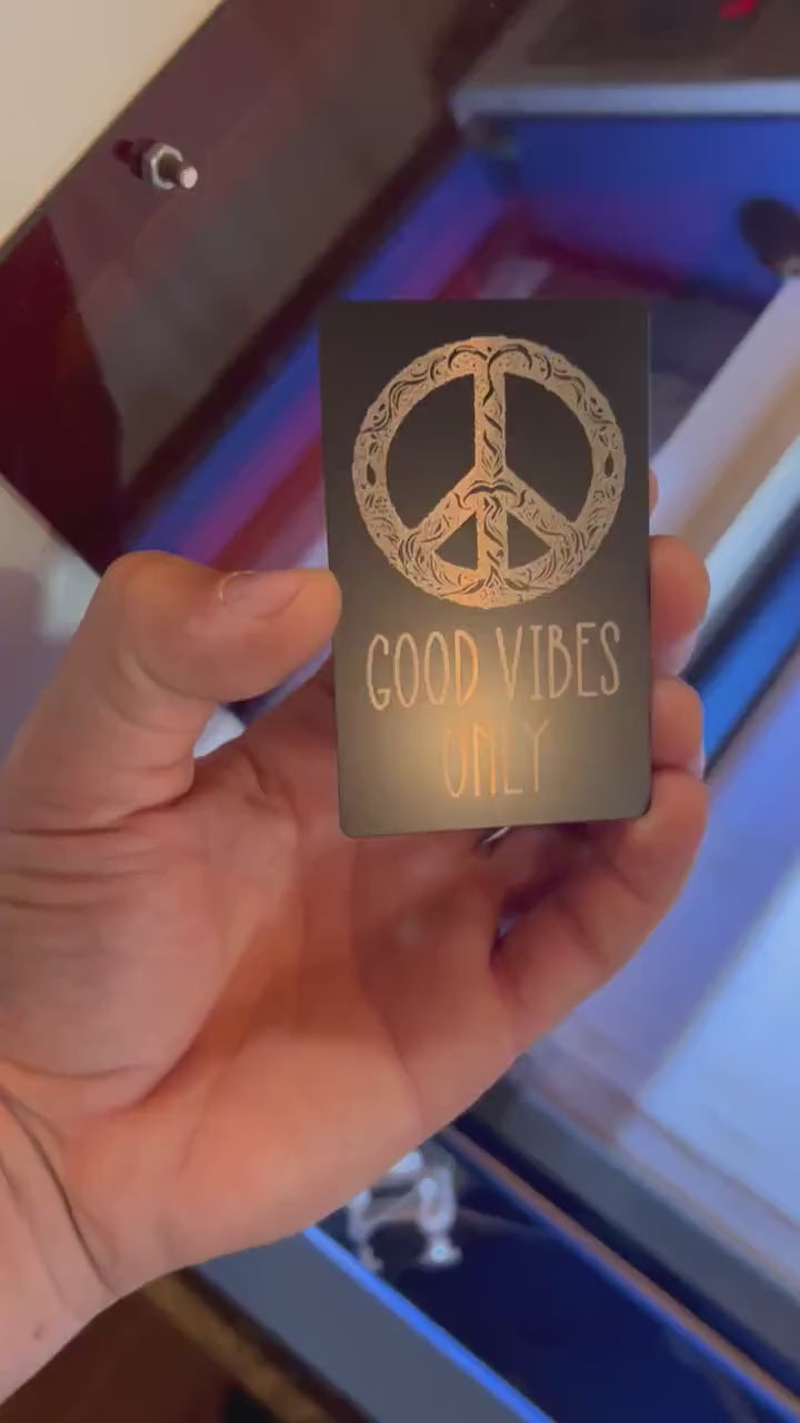 Metal keepsake good vibes only with patterned hippie peace sign artwork