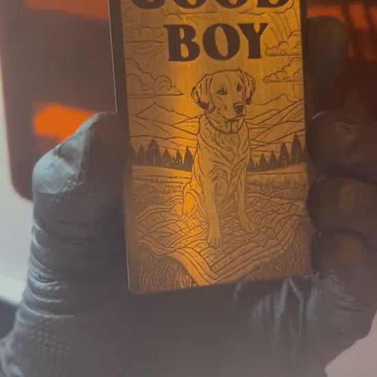 Laser engraved metal keepsake card with golden retriever picnic artwork and Good Boy typography text in blacks/silver anodized aluminum