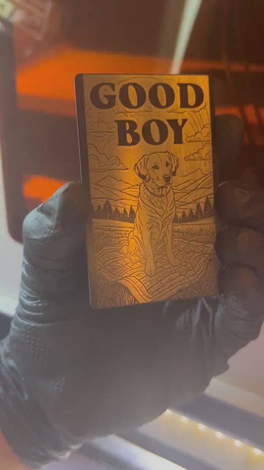 Laser engraved metal keepsake card with golden retriever picnic artwork and Good Boy typography text in blacks/silver anodized aluminum