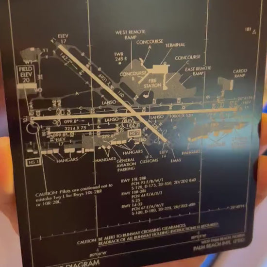 Close up video of hand holding a laser engraved metal 5x7 plaque with airport approach plate graphic