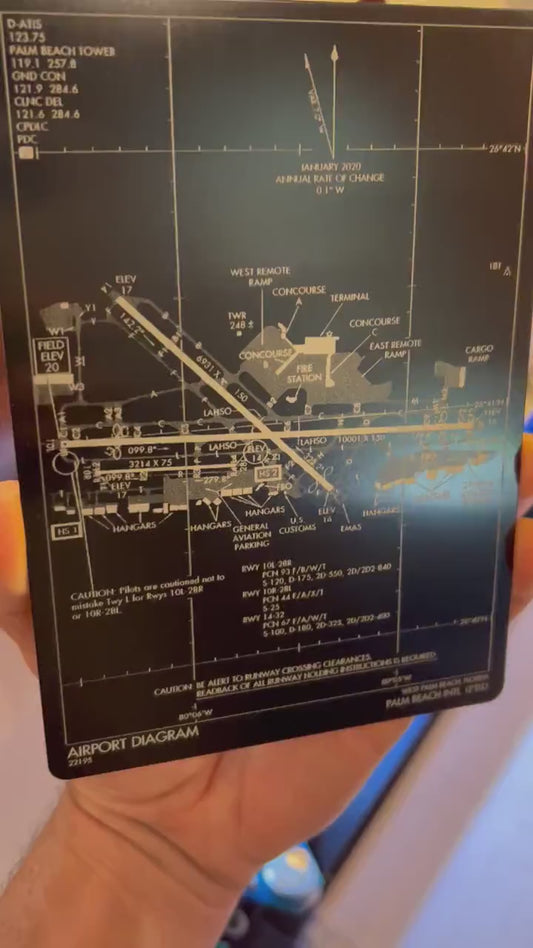 Close up video of hand holding a laser engraved metal 5x7 plaque with airport approach plate graphic