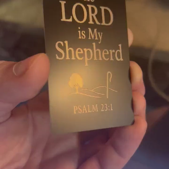 Detailed view of engraved anodized aluminum Bible verse card with “The LORD is My Shepherd” scripture message