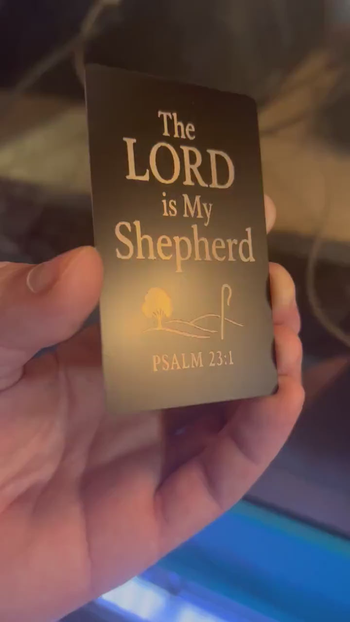 Detailed view of engraved anodized aluminum Bible verse card with “The LORD is My Shepherd” scripture message