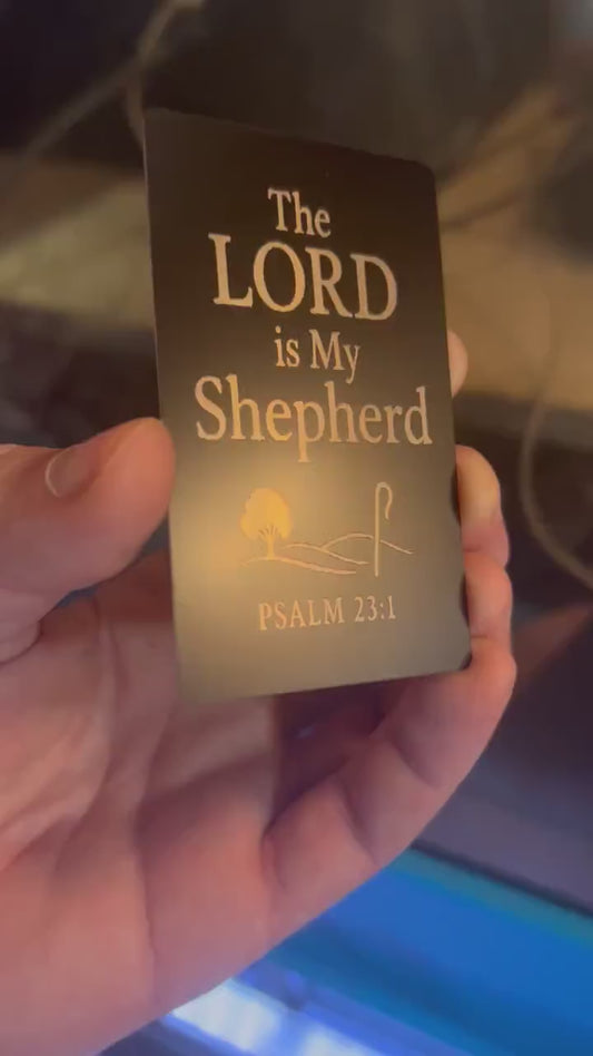 Detailed view of engraved anodized aluminum Bible verse card with “The LORD is My Shepherd” scripture message