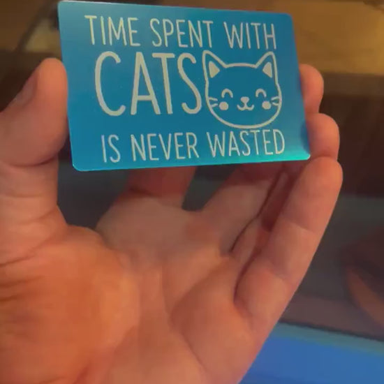 Hand holding a laser engraved metal pet lover gift that reads "Time Spent With Cats Is Never Wasted", with cute kitten graphic in blue/silver anodized aluminum