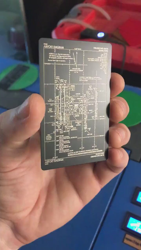 Video of hand holding a Metal airport diagram laser engraved aviation keepsake gift card