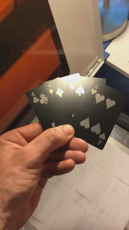 Custom anodized aluminum metal playing card #4 being rotated to highlight the four of spades, four of diamonds, 4 of spades and 4 of hearts cards